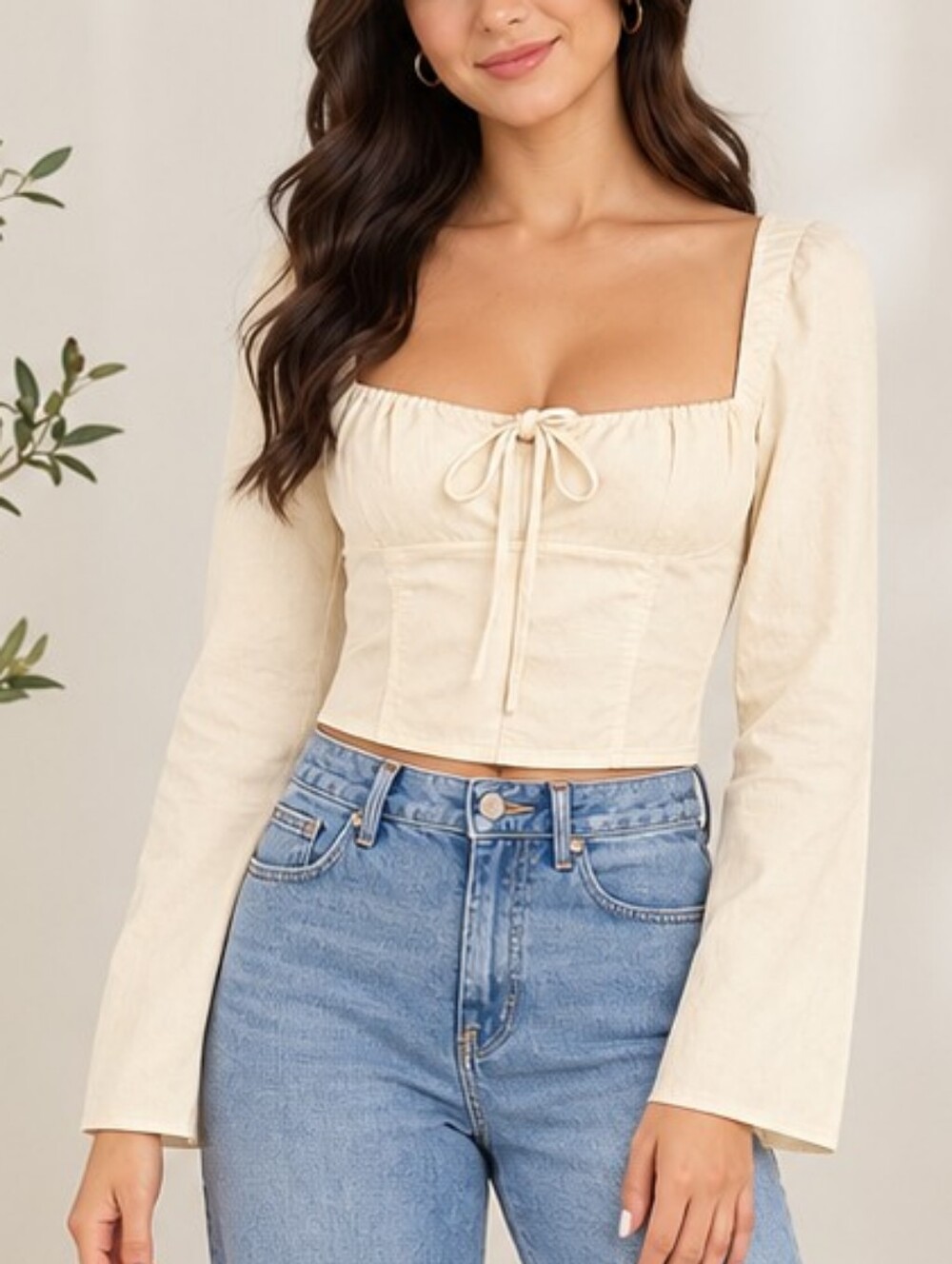 Wild Fable Cream Long Sleeve Ruched Tie-Front Crop Top – Size M – NWT